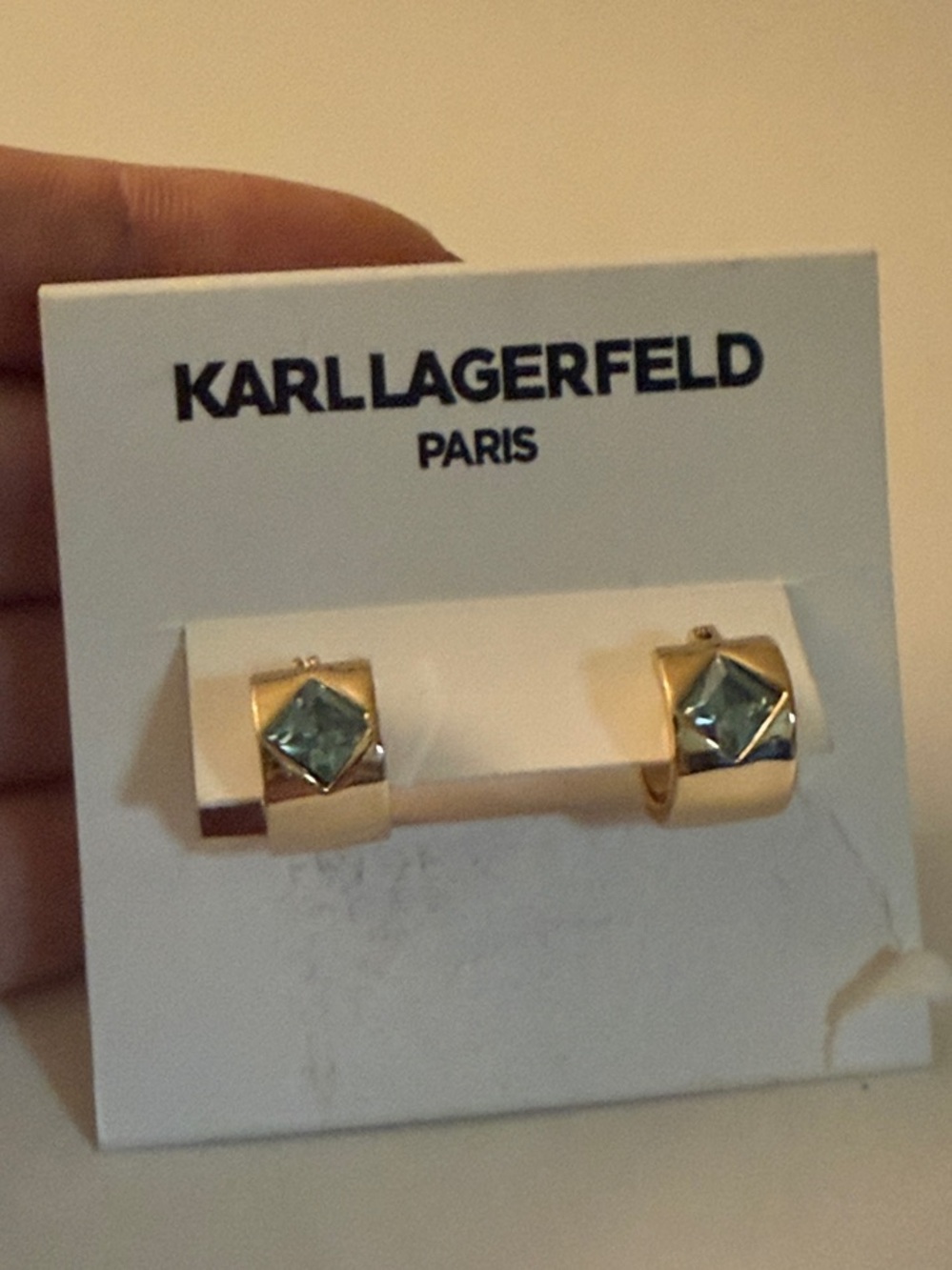 NWT Karl Lagerfeld Gold Hoop Earrings with Aquamarine Stone